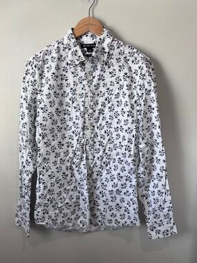 Michael Kors Slim Fit Floral Long Sleeve Button-Up Shirt | White & Navy | Size S